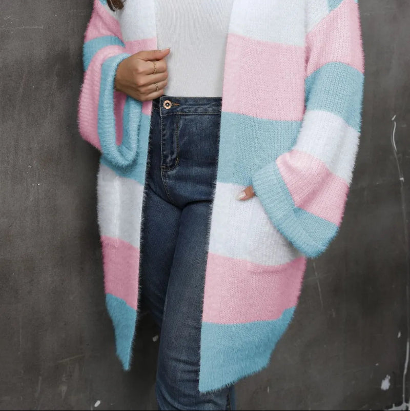 Model wearing a cozy imitation mink fur plus size cardigan
