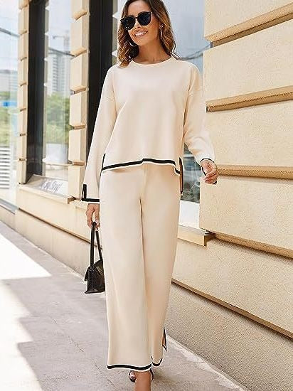 2 piece long sleeved knitted sweater top wide leg pants - runwayfashionista.com