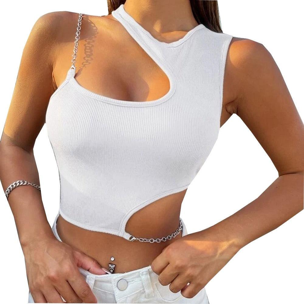 Sexy Hollow Metal Chain One Shoulder Crop Top - runwayfashionista.com