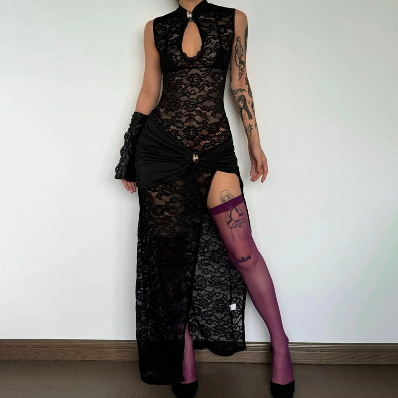 Hollow Out High Slit Slim Fit Sleeveless Midi Dress
