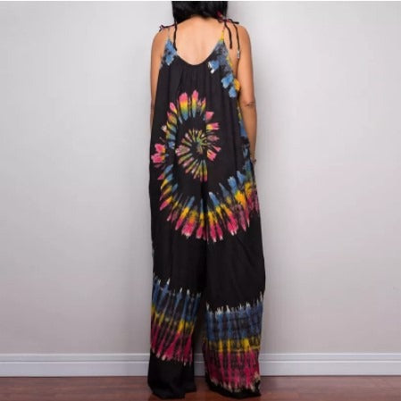 Long goddess print sleeveless loose jumpsuit