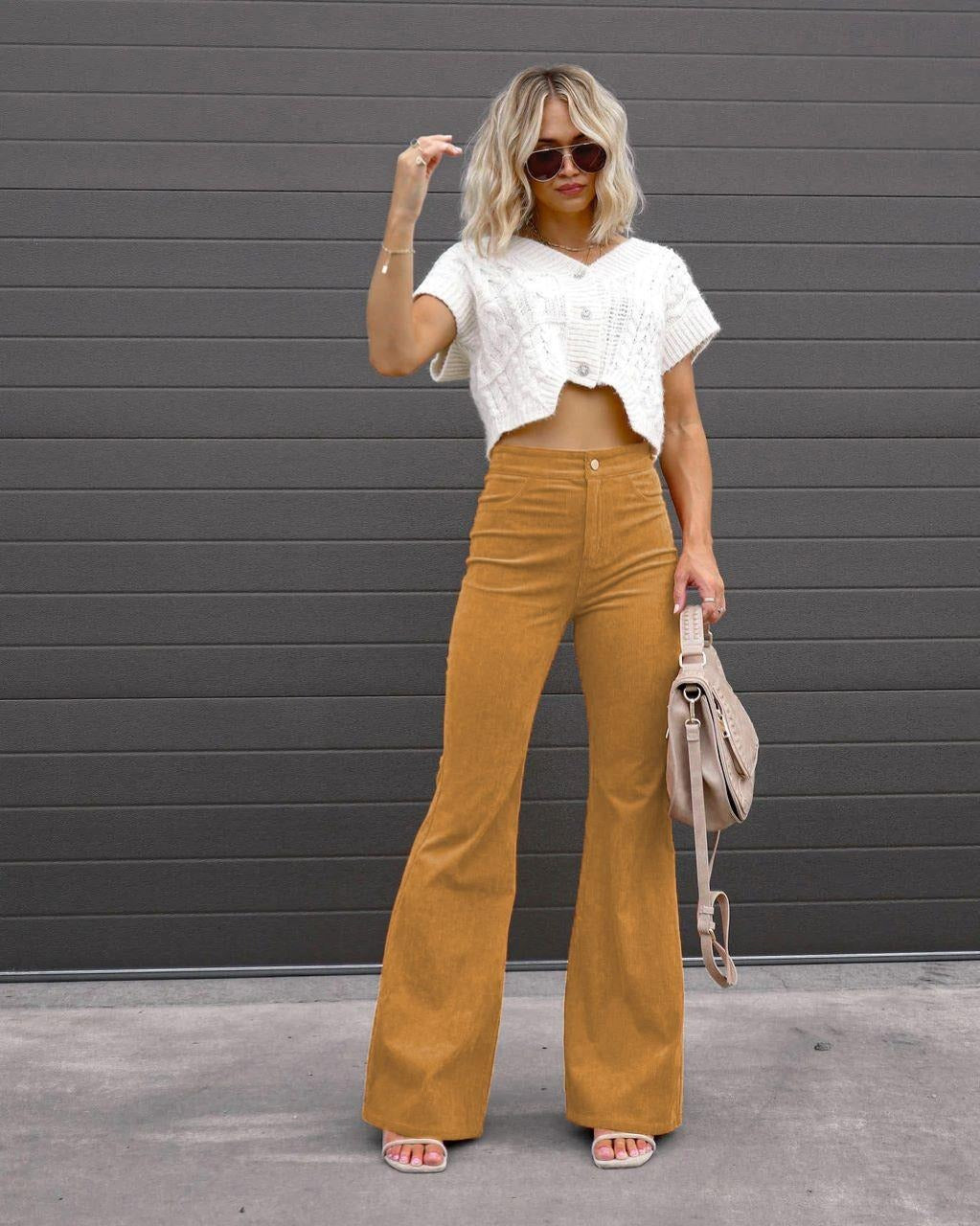 Corduroy High Waist Casual Pants - runwayfashionista.com