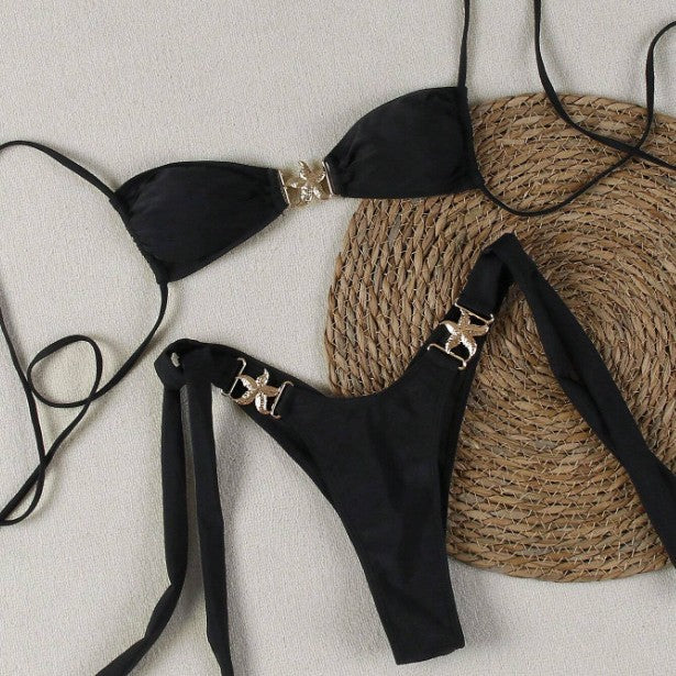 This bikini features thin straps and a tie-back design for a bold, confident beach look.