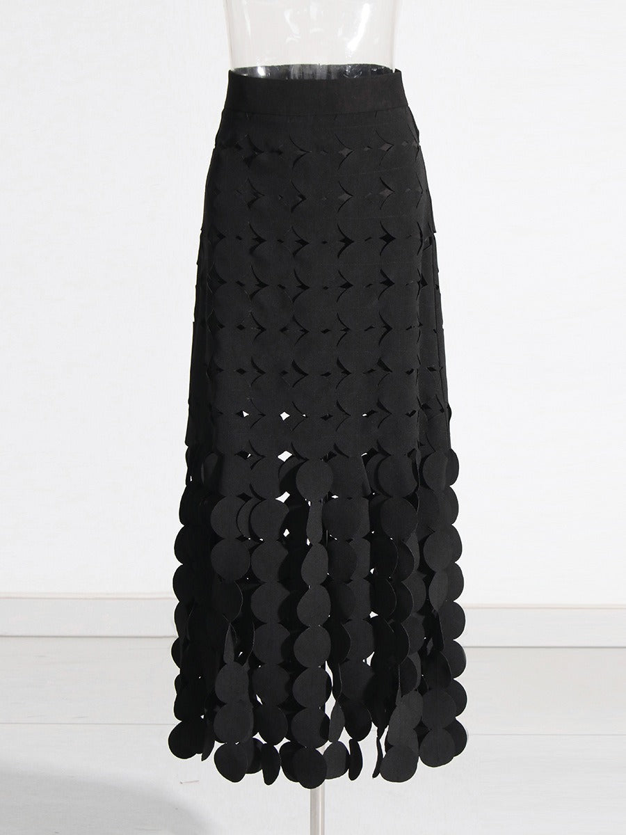 Circular Fringe High Waist Solid Color Skirt - runwayfashionista.com