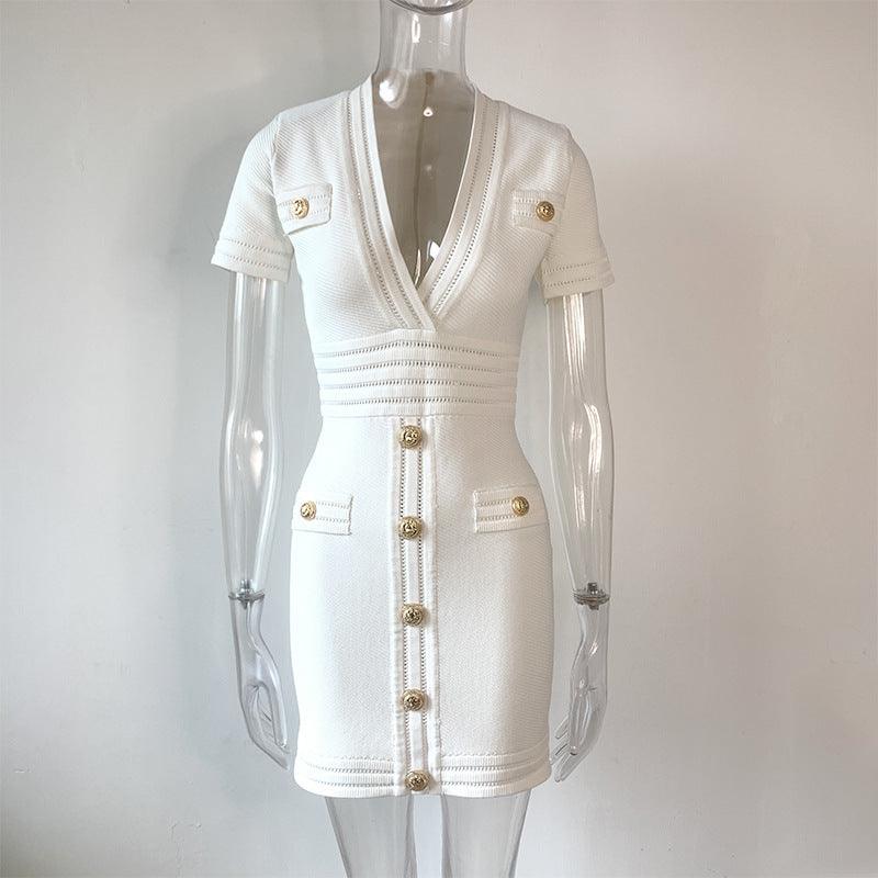 Knitted Short Sleeved V-neck Dress