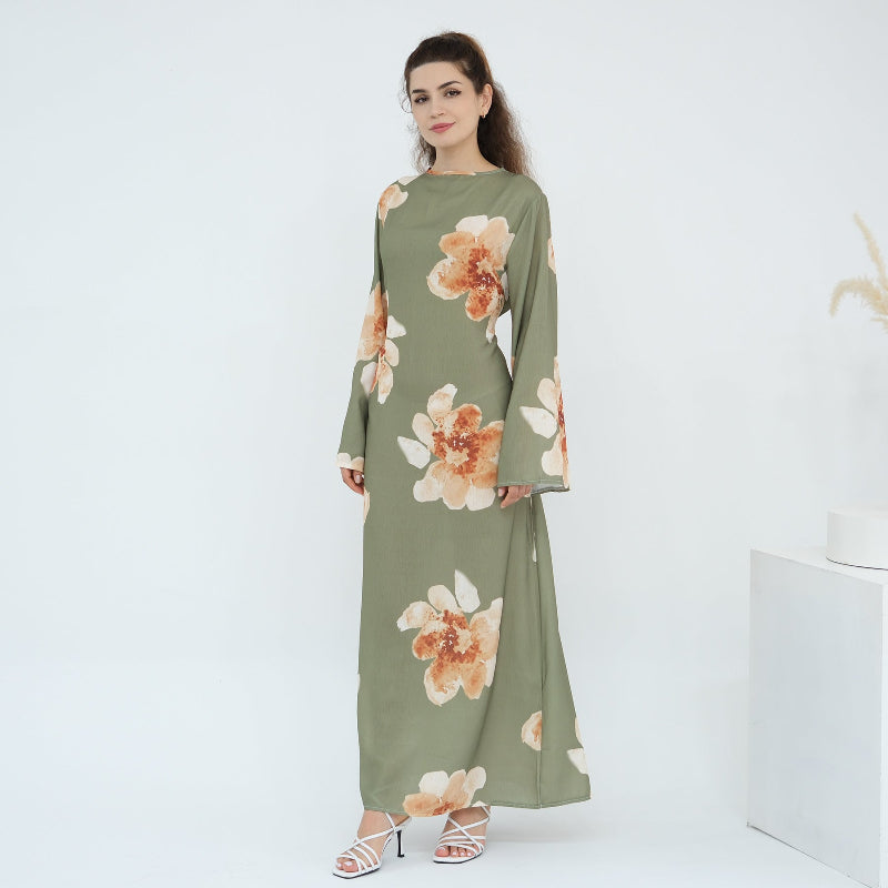 Waist-Cinched Ankle-Length Printed Midi Dress