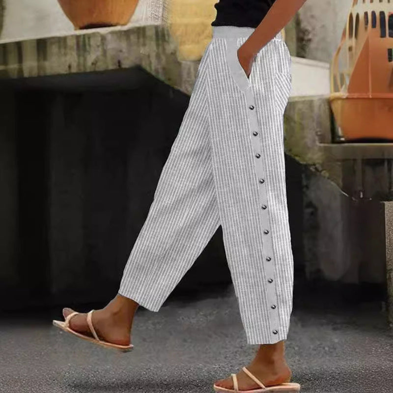 Stripe Buttoned Elastic Waist Nine-Part Pants - grey