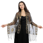 Flower Sequin Embroidered Long Fringe Shawl