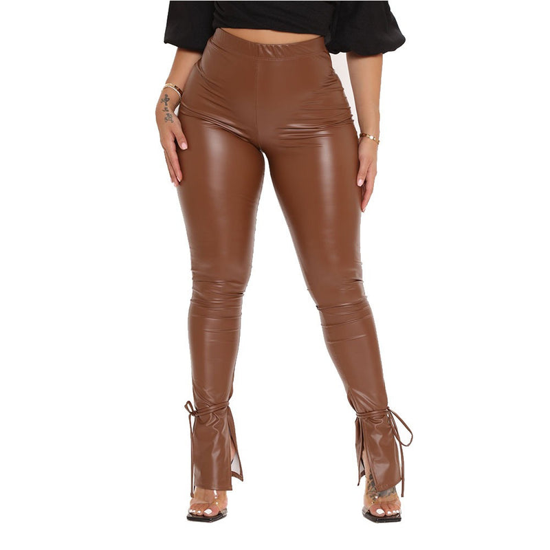 High Elastic Strap Micro Horn Side Split Pu Leather Pants - runwayfashionista.com