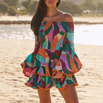 One-Shoulder Flared Sleeve Ruffle Mini Dress -Orange