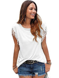 Round neck short sleeved tassel tie t-shirt top - runwayfashionista.com