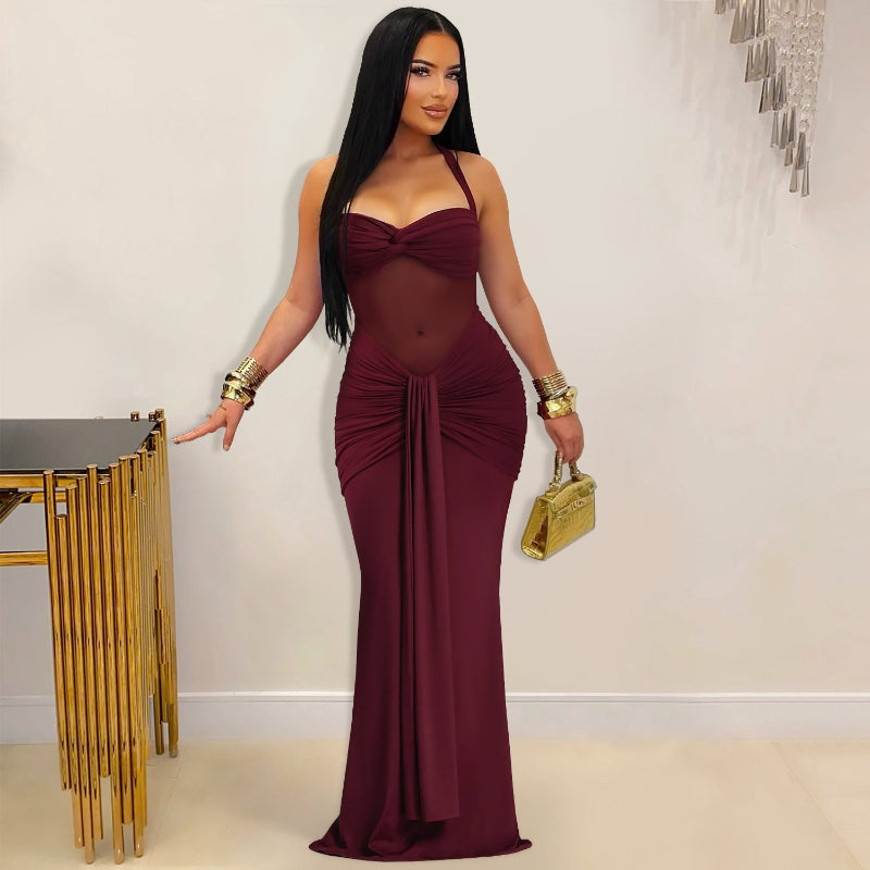 Sheer Mesh Halter Tie-Back Maxi Dress - burgundy