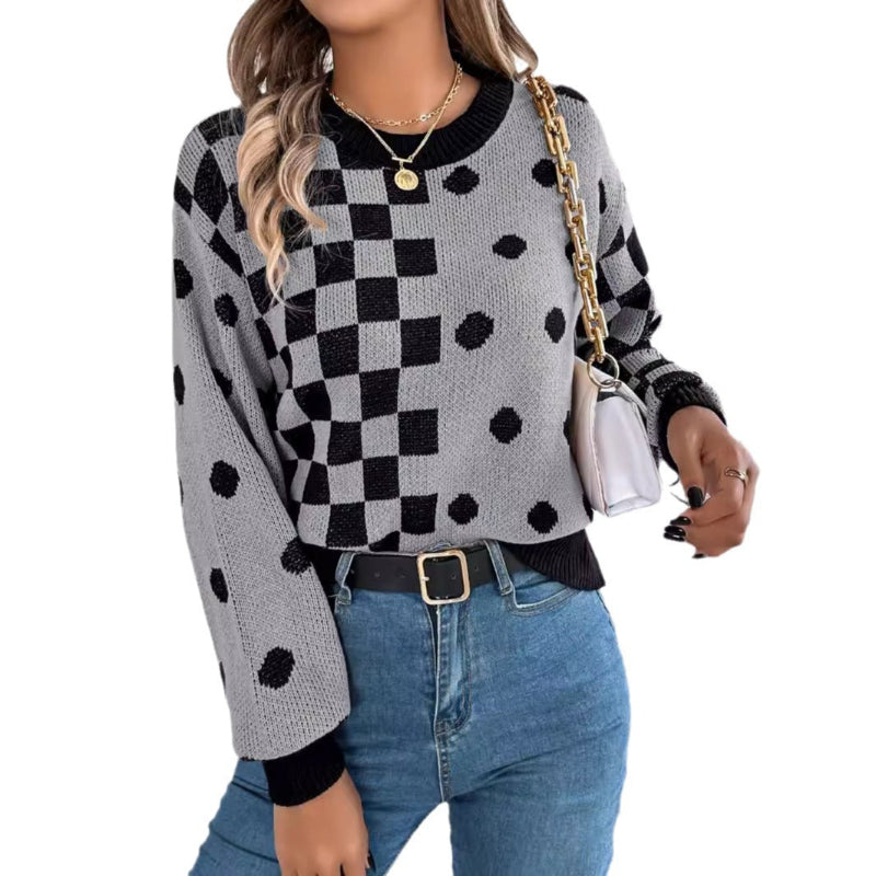 Casual Contrasting Polka Dot Lantern Sleeve Swetaer