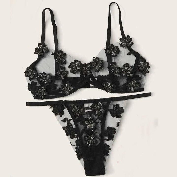 Set Embroidery Applique Mesh Sexy Bra Underwear - runwayfashionista.com