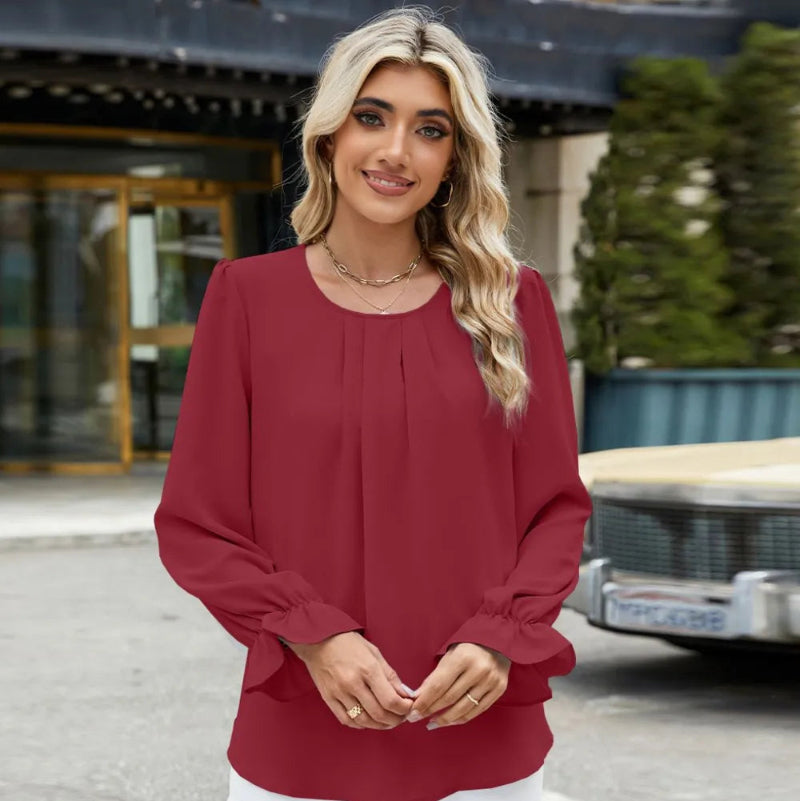 Round Neck Flounce Sleeve Top -runwayfashionista.com