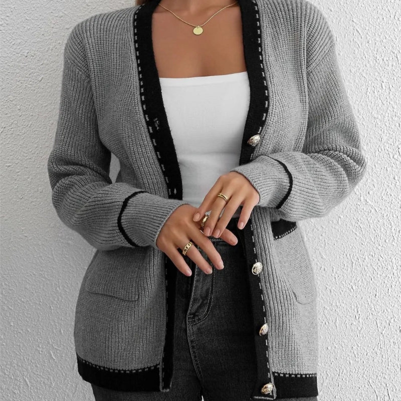Contrast Trim Button Up Long Sleeve Cardigan - runwayfashionista.com