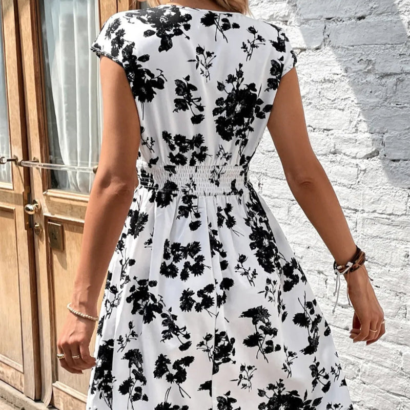 Printed Surplice Cap Sleeve Dress - runwayfashionista.com