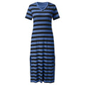 A collection of V-neck casual loose midi dresses with striped patterns and side slits, available in various colors.