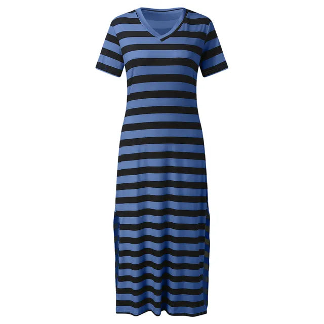 A collection of V-neck casual loose midi dresses with striped patterns and side slits, available in various colors.