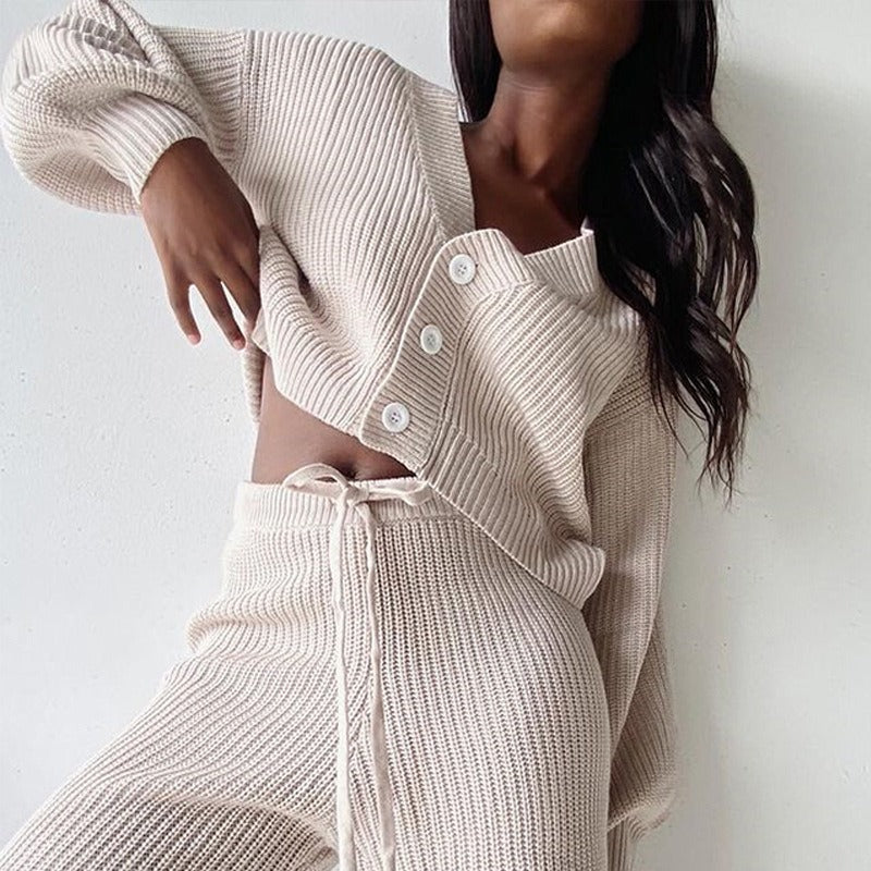 Casual Knitted Long Sleeve Sweater Long Pants Two Piece Set