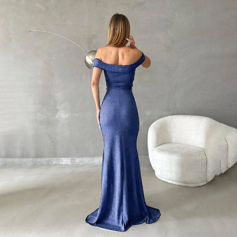 The One Shoulder Shiny Slim Fit Slit High-End Midi Dress