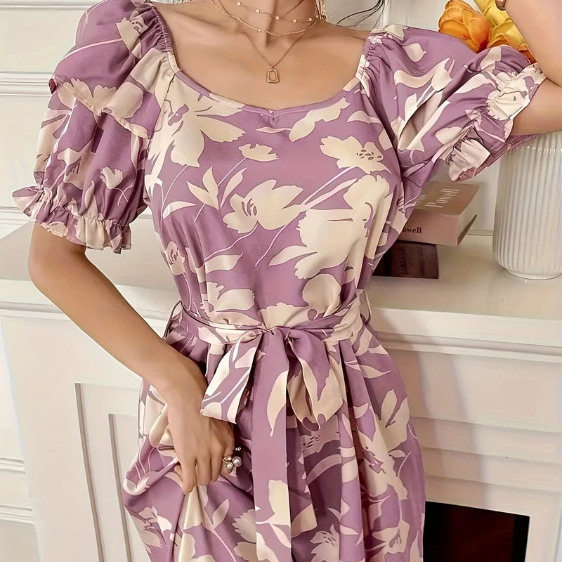 Nipped Waist Lace Up Printed Maxi Dresses