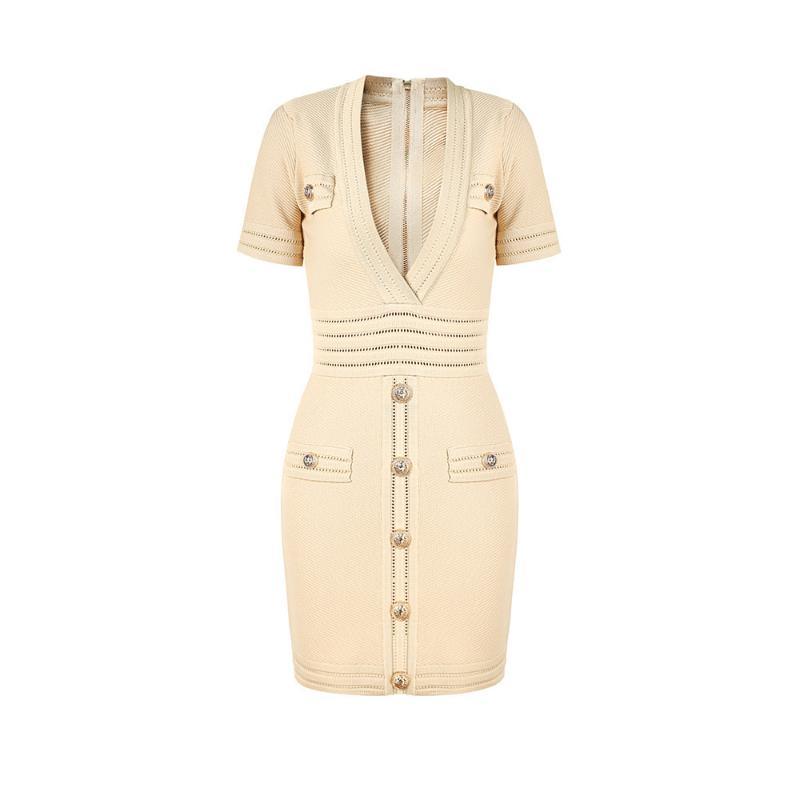 Knitted Short Sleeved V-neck Dress