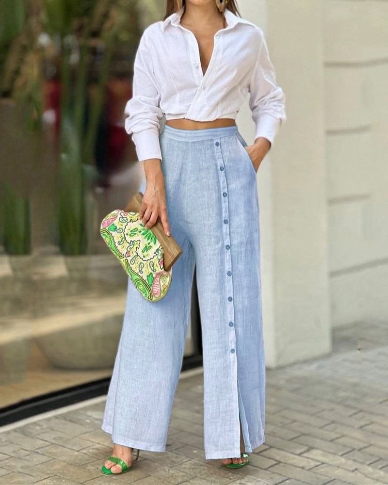 Casual Shirt Loose Pants Two Piece Set - runwayfashionista.com