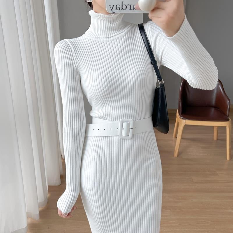 High necked slim fit pit stripe knitted dress - runwayfashionista.com