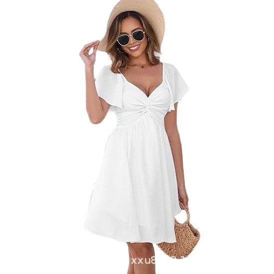 V-neck Fashionable Pleated Waist Mini Dress 