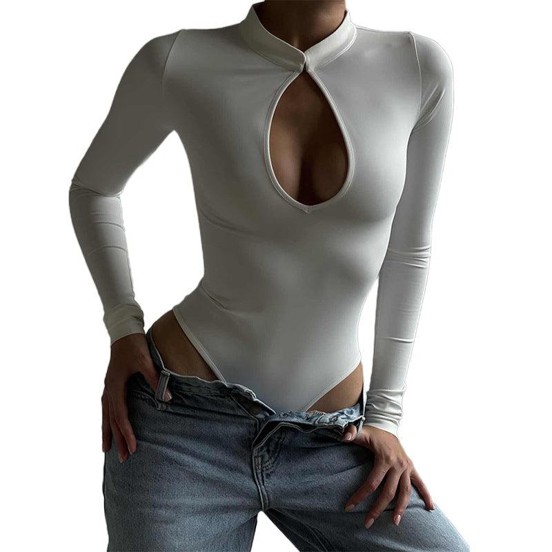 Stand Neck Sexy Low cut Slim Bodysuit - runwayfashionista.com