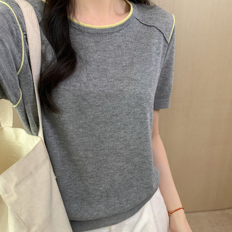Round Neck Short Sleeve Silk Top
