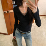 Mesh Spliced White V-Neck Slim Fit Inner Knit Top - black