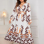 Plus Size Printed Surplice Flounce Sleeve Dress - runwayfashionista.com