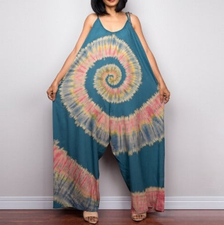 Long goddess print sleeveless loose jumpsuit