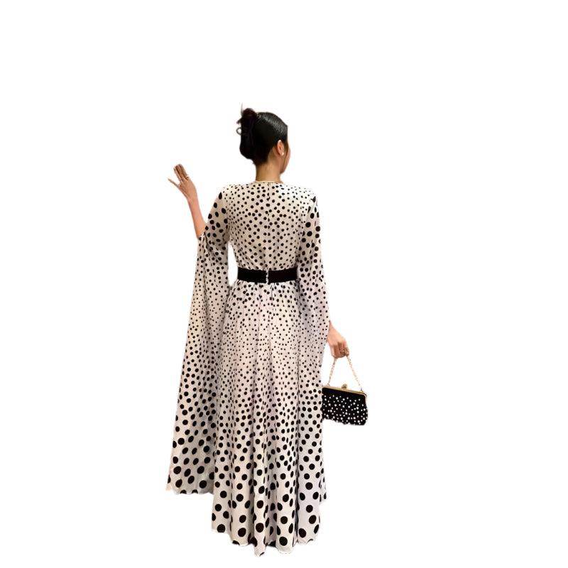 V-neck polka dot Long sleeved dress