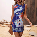 A backless, sleeveless mini dress with a starry sky print.
