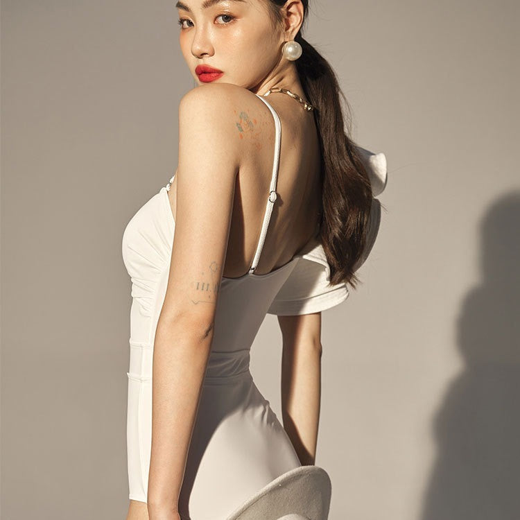 One shoulder large lotus leaf swimsuit - runwayfashionista.com