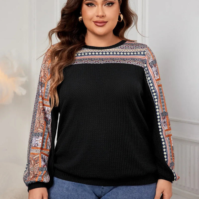 Honey Plus Size Printed Long Sleeve Sweatshirt in Black, Navy, Army Green with geometric print and round neck. Loose fit pullover