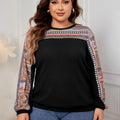Honey Plus Size Printed Long Sleeve Sweatshirt in Black, Navy, Army Green with geometric print and round neck. Loose fit pullover