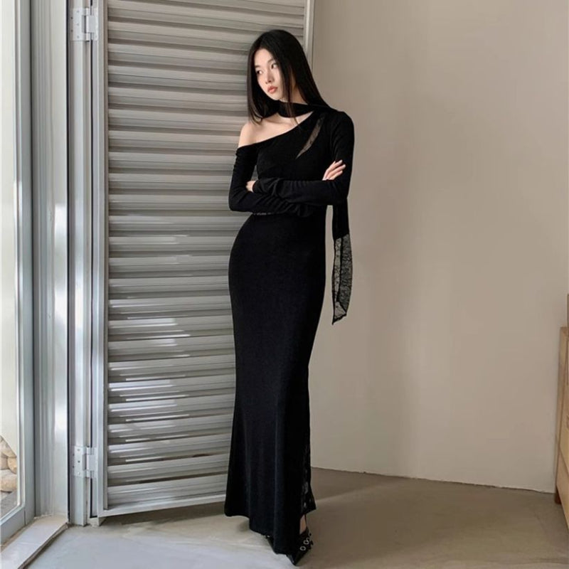 Asymmetrical Shoulder Long Sleeve Maxi Dress
