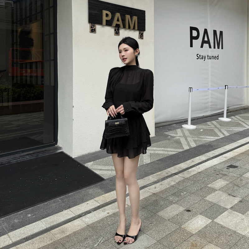 Sheer Queen: Half High Collar Chiffon Set