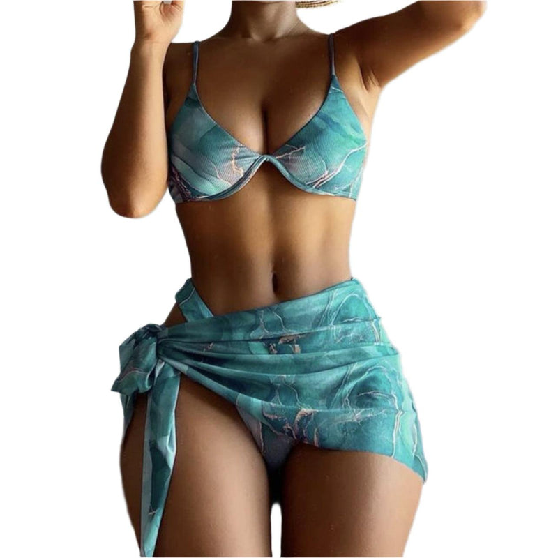 Marble patterned three piece bikini set