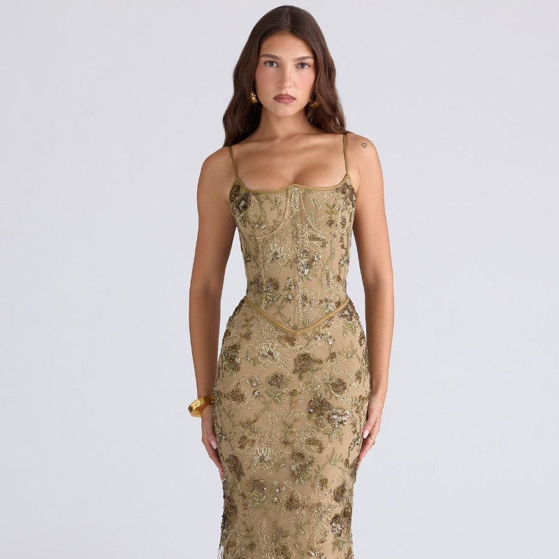 Elegant Low Neck Sleeveless Backless Tie-Up Maxi Dress - Bronze