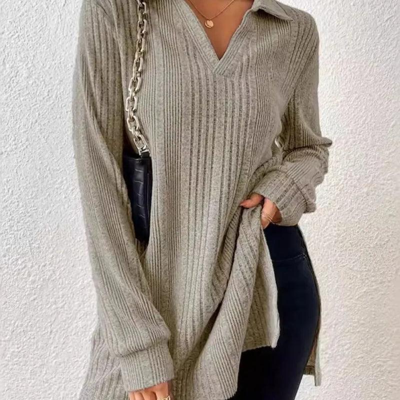 Slit johnny collar long sleeve sweater - runwayfashionista.com