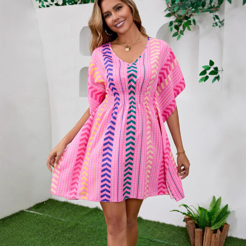Bohemian Vacation Style Printed Sweet Mini Dress - Pink