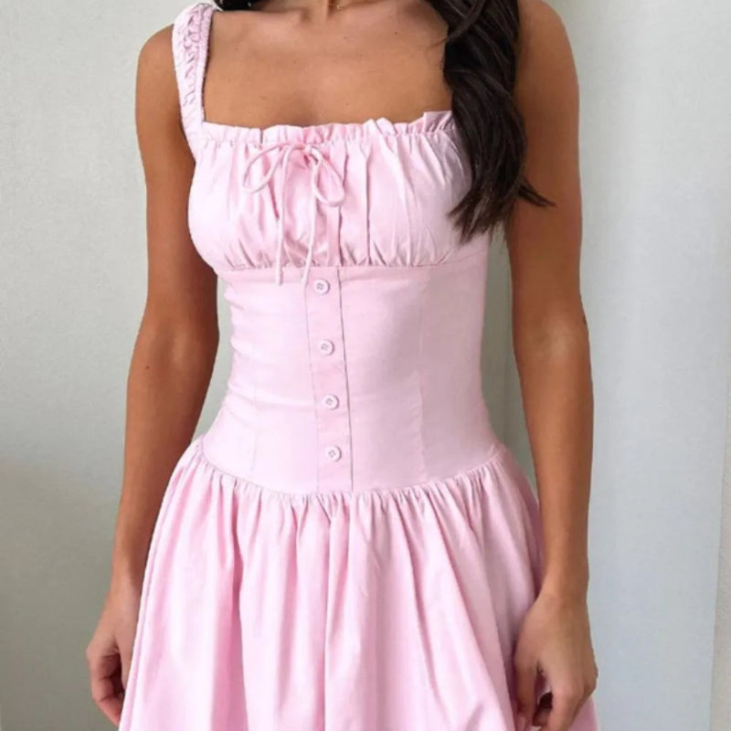 Decorative Button Square Neck Cami Dress - runwayfashionista.com