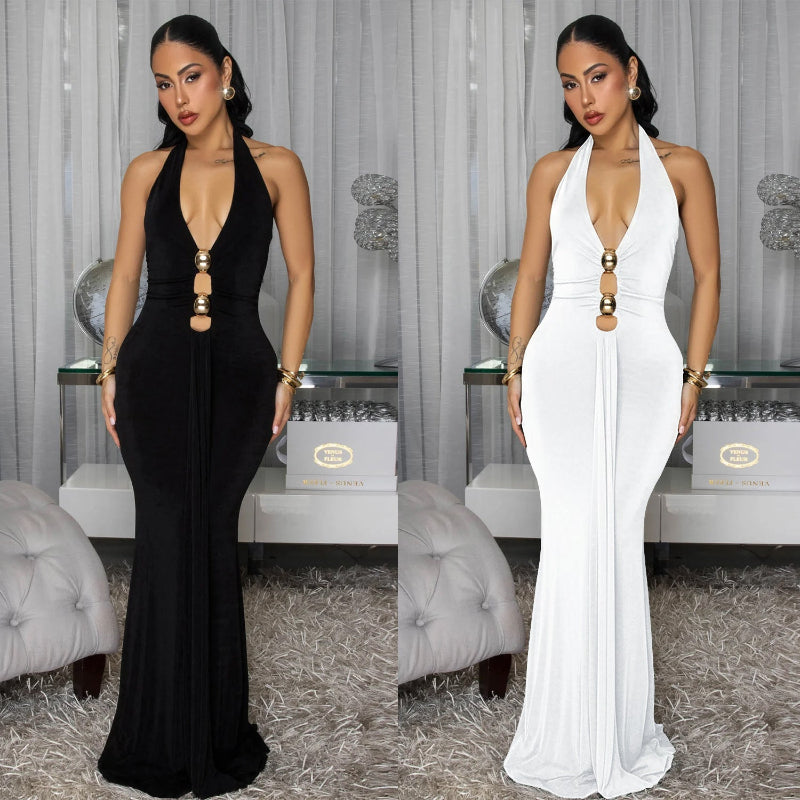 Backless Halter Deep V Neck Maxi Dress