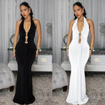 Backless Halter Deep V Neck Maxi Dress