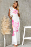 Model wearing white one shoulder slim fit printed tulle midi dress with high waist and gentle elegance